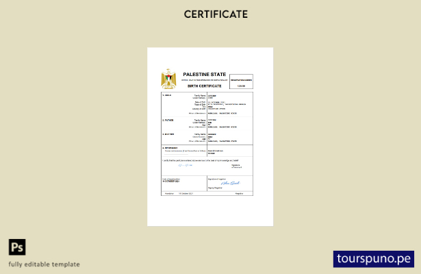 listo para imprimir certificado de nacimiento del registro civil de Palestina Pl